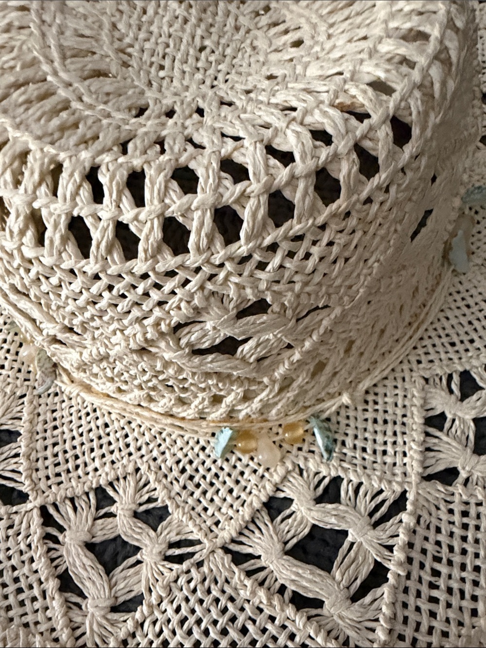 Boho Crochet Sun Hat with Bead Trim - Cream - Picture 4 of 4